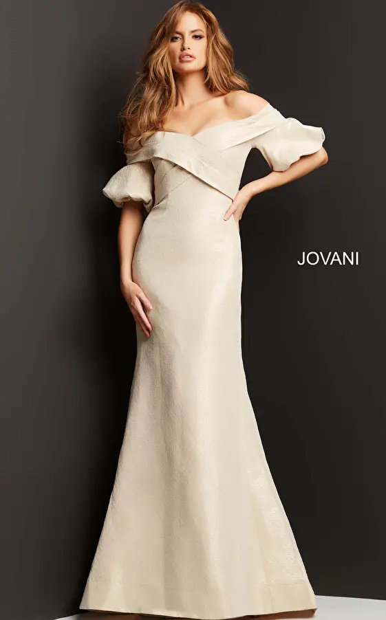 Jovani 06831 Cream Off the Shoulder Short Sleeve Dress